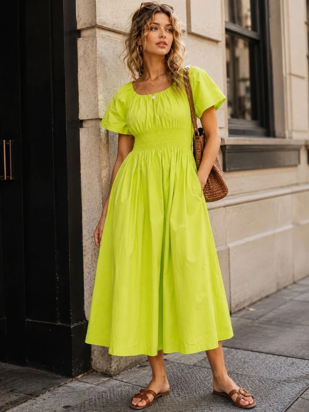 208 • Lime Green Smocked Midi Dress | Sky's Are Blue Los Angeles